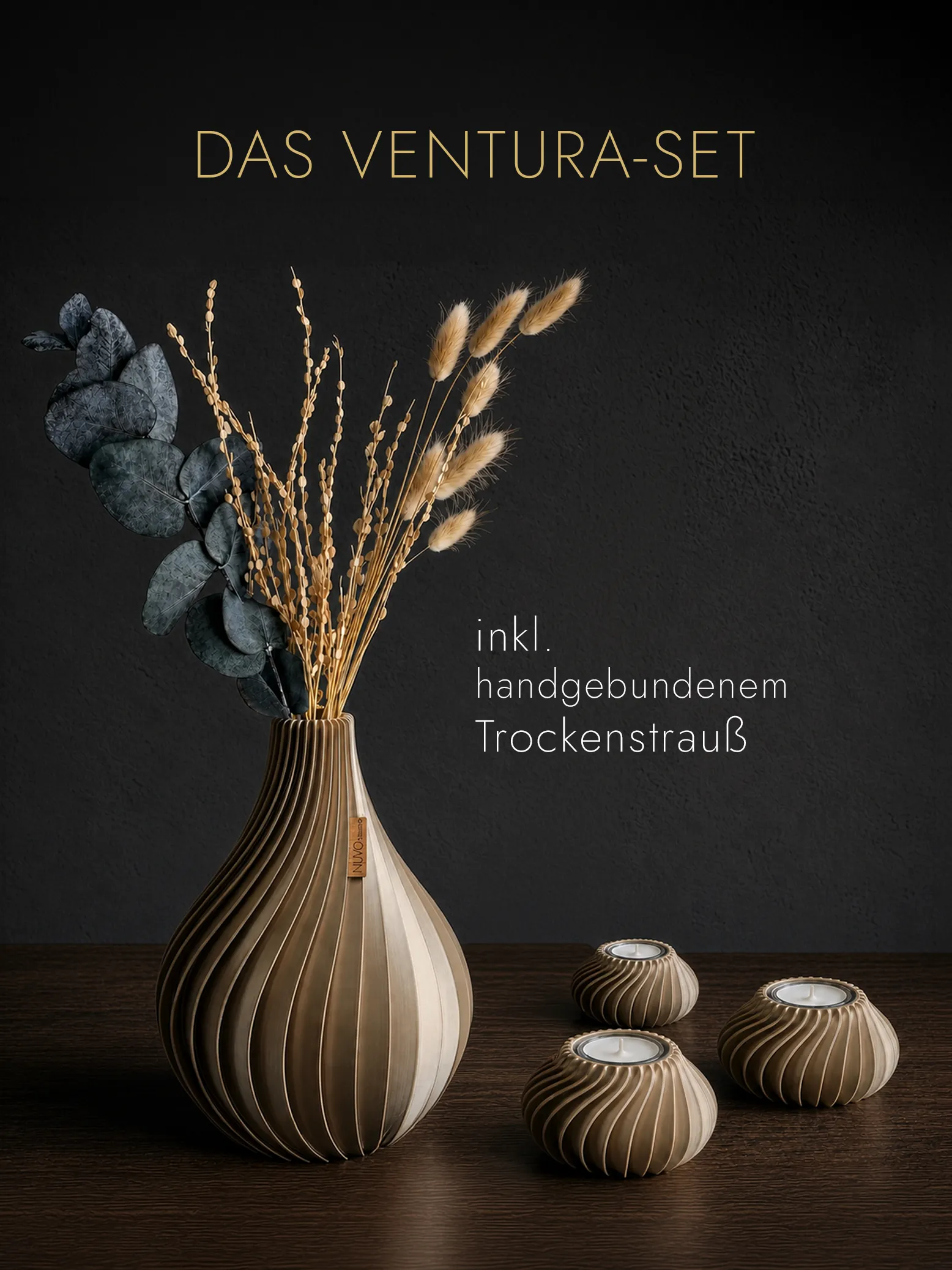 Ventura Komplett-Set in champagne mit handgebundenem Trockenstrauß